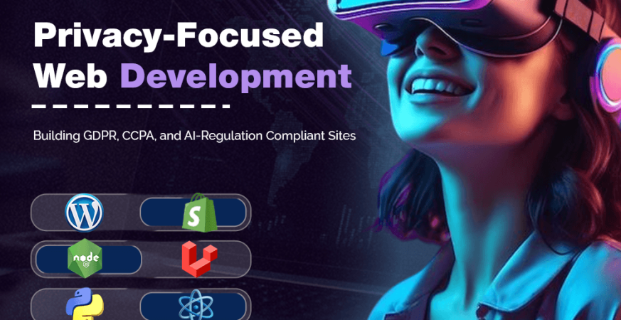 Illustration of a web development company building a secure, GDPR and CCPA-compliant website with privacy shields and data protection icons.