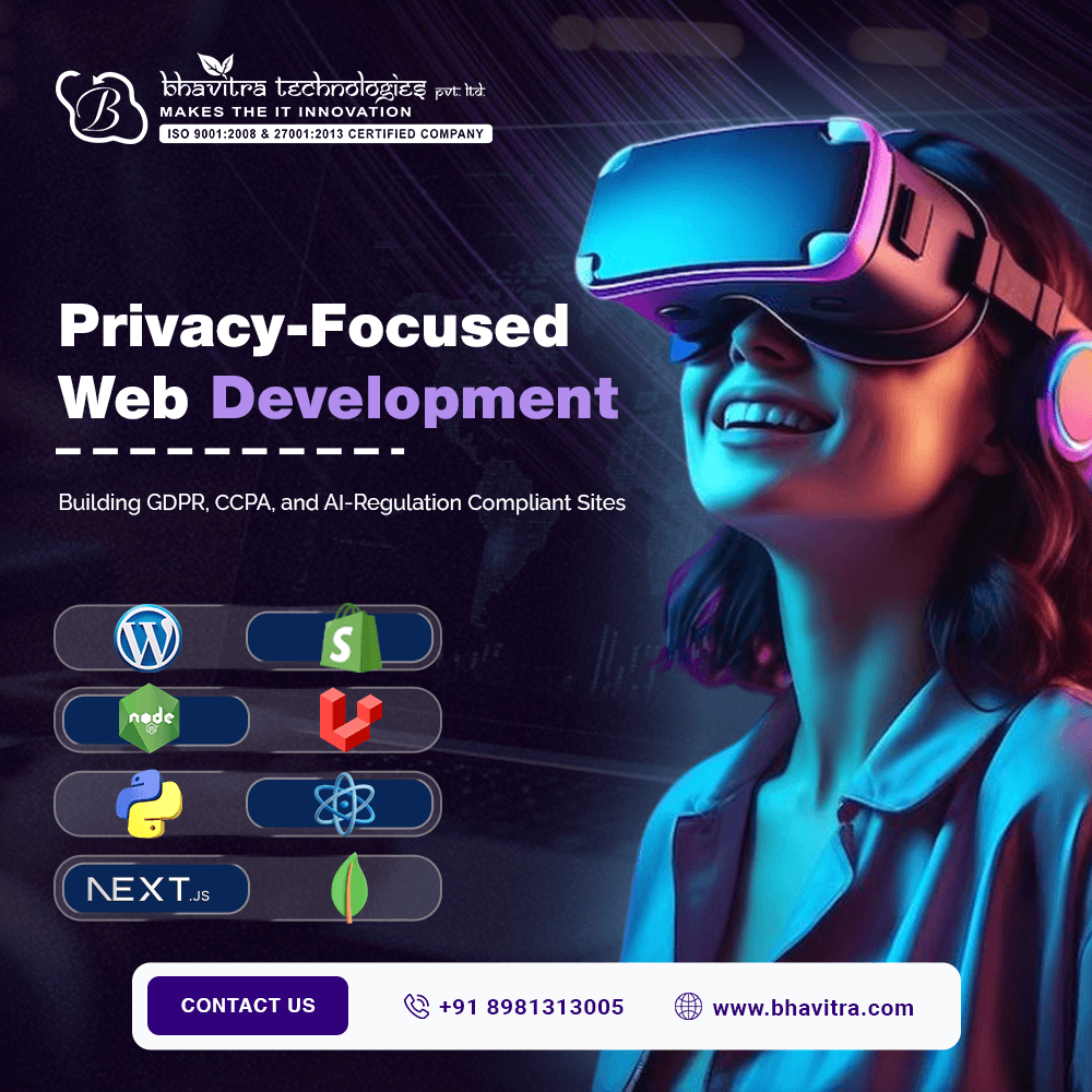 Illustration of a web development company building a secure, GDPR and CCPA-compliant website with privacy shields and data protection icons.