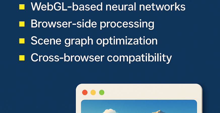A digital infographic titled “Neural Rendering in Web Development: Real-Time Visuals with AI” showing a stylized browser window rendering a 3D landscape with key features like WebGL neural networks and scene graph optimization listed beside it.