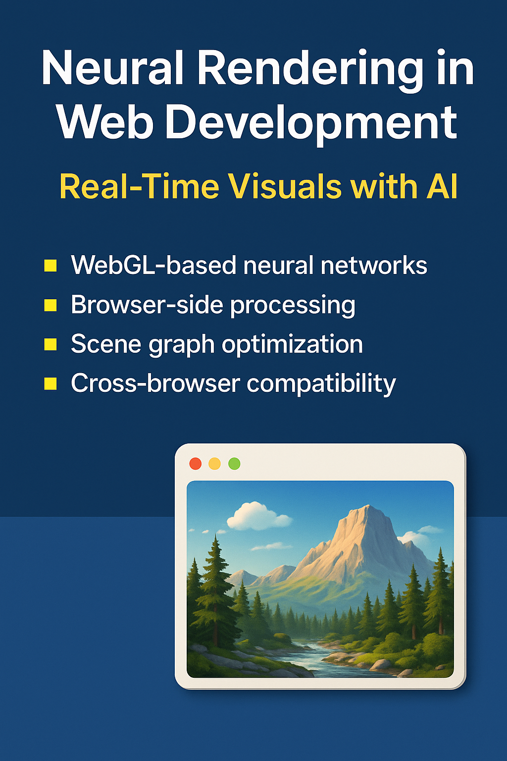 A digital infographic titled “Neural Rendering in Web Development: Real-Time Visuals with AI” showing a stylized browser window rendering a 3D landscape with key features like WebGL neural networks and scene graph optimization listed beside it.