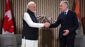"Prime Ministers Narendra Modi and Mark Carney shake hands at the G7 Summit 2025 in Canada, signaling restored diplomatic ties between India and Canada."