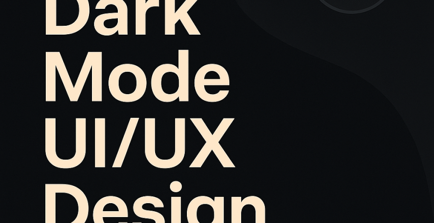 Dark Mode UI/UX Design graphic with beige title text and blue subtitle 'Pro Tips for Stunning Interfaces' on a dark gray background, featuring a crescent moon icon