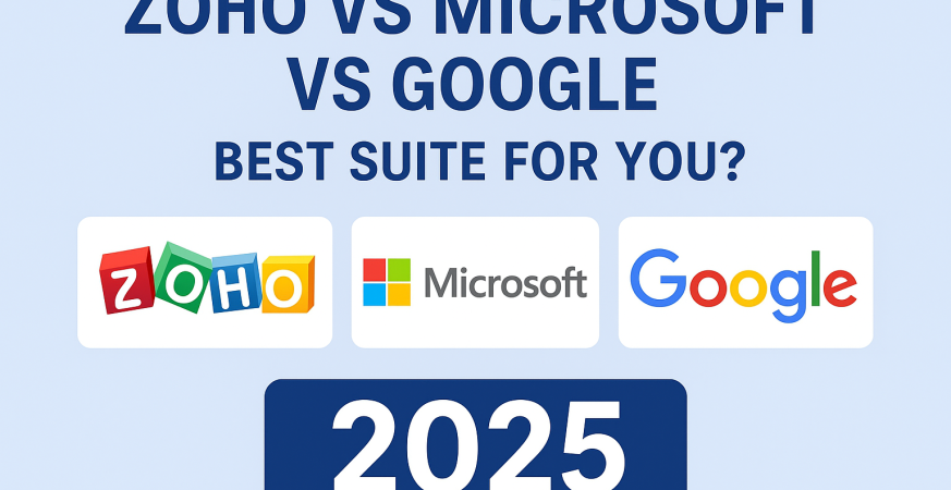 “Comparison graphic showing Zoho, Microsoft, and Google logos under the headline ‘Zoho vs Microsoft vs Google – Best Suite for You? 2025,’ on a light blue background.”