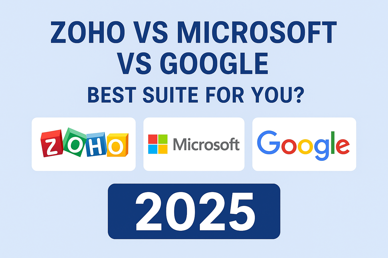 “Comparison graphic showing Zoho, Microsoft, and Google logos under the headline ‘Zoho vs Microsoft vs Google – Best Suite for You? 2025,’ on a light blue background.”