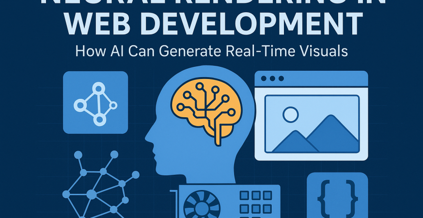Alt text: 2D flat design illustration showing neural rendering in web development—featuring a browser window, GPU chip, neural network nodes, and pipelines for real-time visual generation.