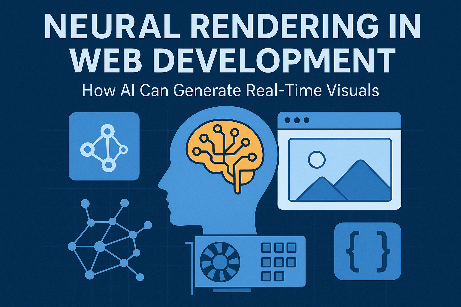 Alt text: 2D flat design illustration showing neural rendering in web development—featuring a browser window, GPU chip, neural network nodes, and pipelines for real-time visual generation.