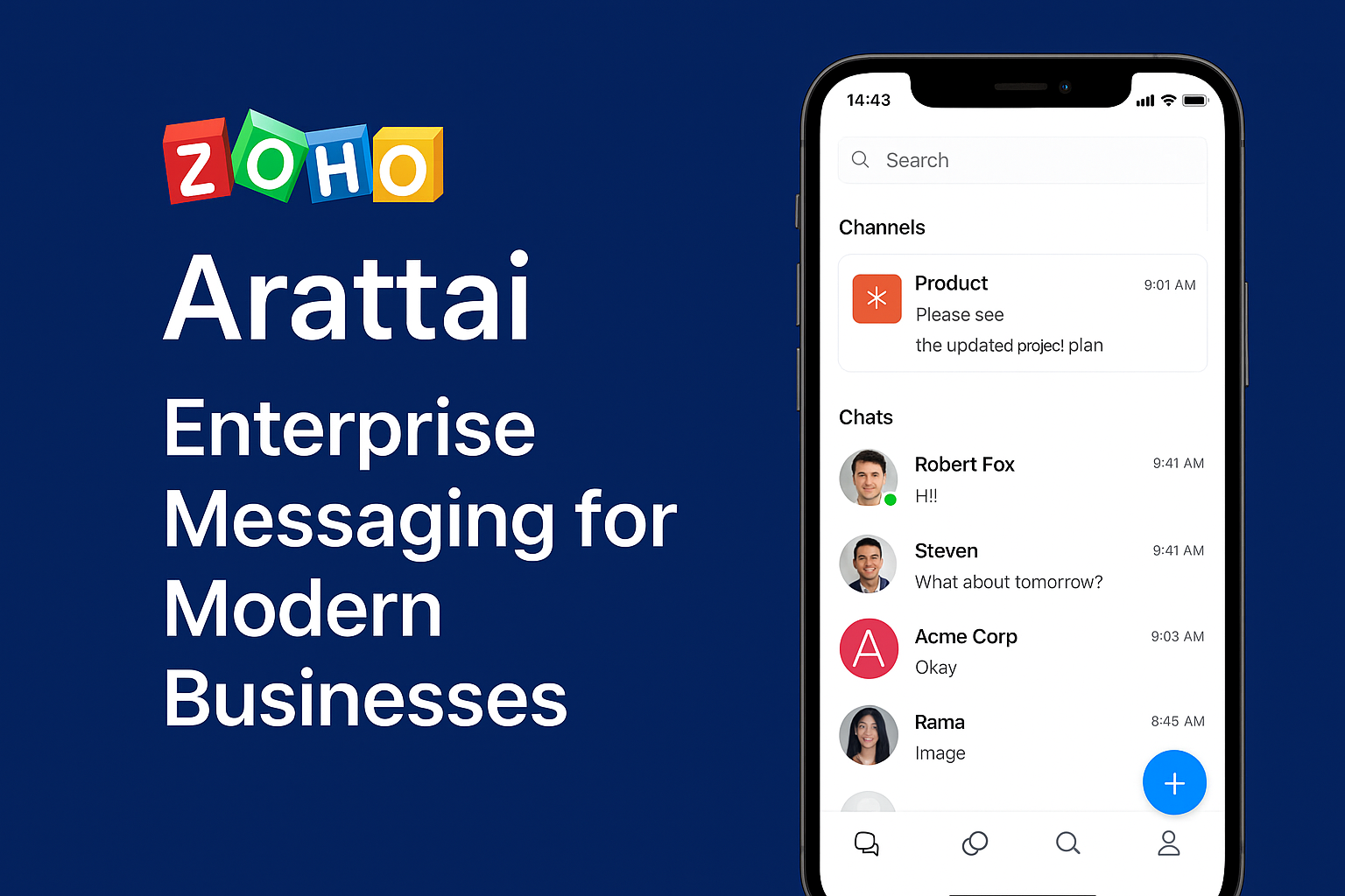 Promotional image for Zoho Arattai app showing a smartphone interface with chats and channels on the right, and the text “Zoho Arattai – Enterprise Messaging for Modern Businesses” on a blue background.