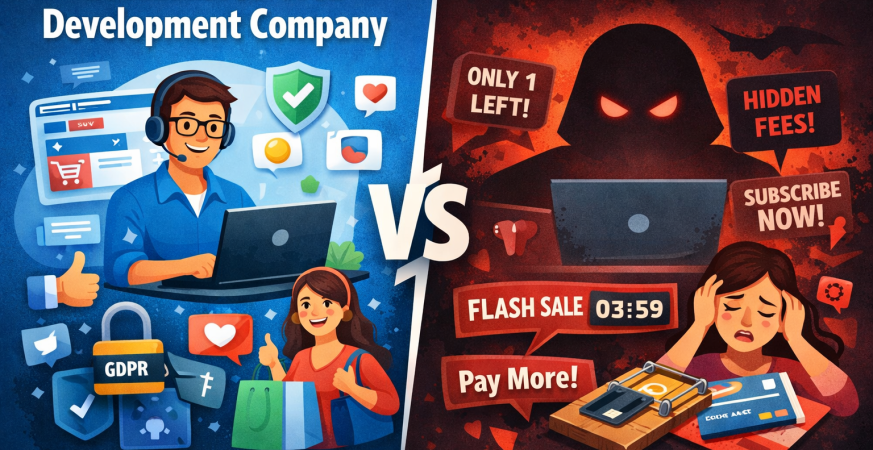 **Alt Text:** *Illustration showing an ecommerce web development company promoting trust and GDPR-compliant design on one side, and dark patterns like hidden fees, fake urgency, and forced subscriptions confusing online shoppers on the other side.*