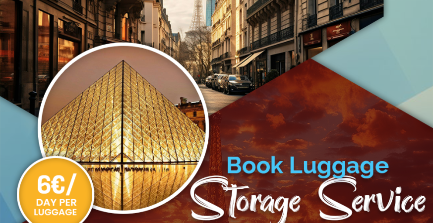 Secure luggage storage gare du nord facility near Paris train station with travelers dropping bags before visiting Eiffel Tower and Louvre.