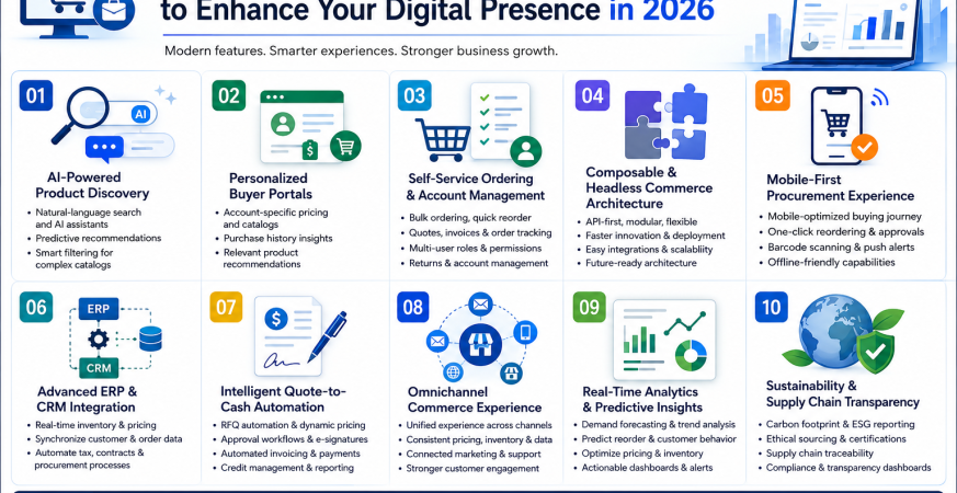 Rectangular infographic showing 10 B2B e-commerce features for 2026 with icons, panels, and modern blue design