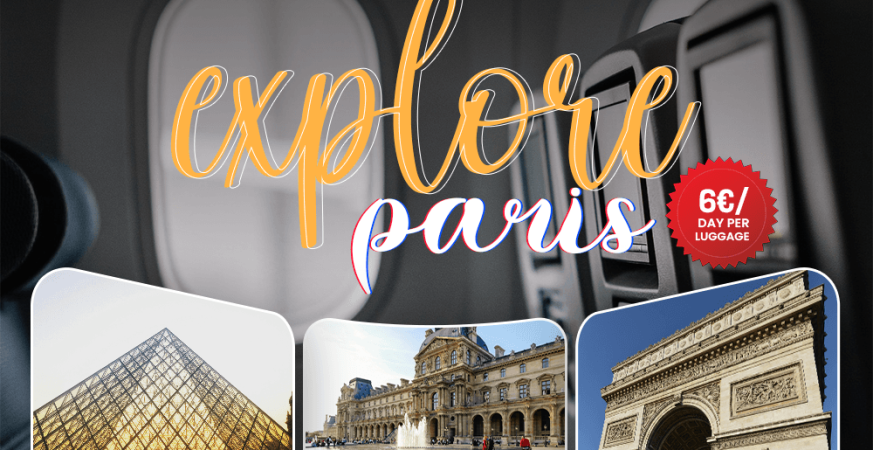 Traveler using Luggage Storage Paris service near a Paris landmark, enjoying hands-free sightseeing during the busy tourist season.