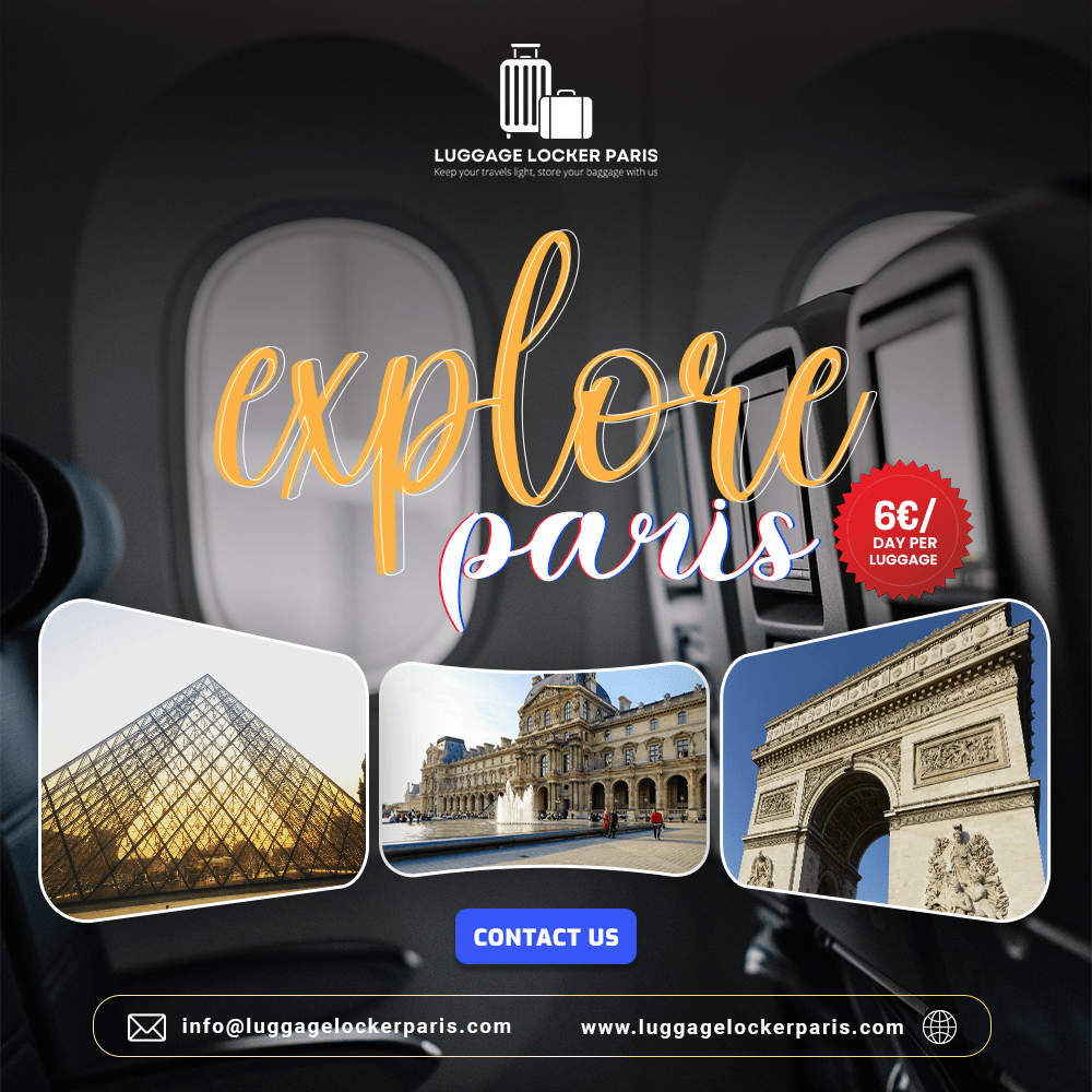Traveler using Luggage Storage Paris service near a Paris landmark, enjoying hands-free sightseeing during the busy tourist season.