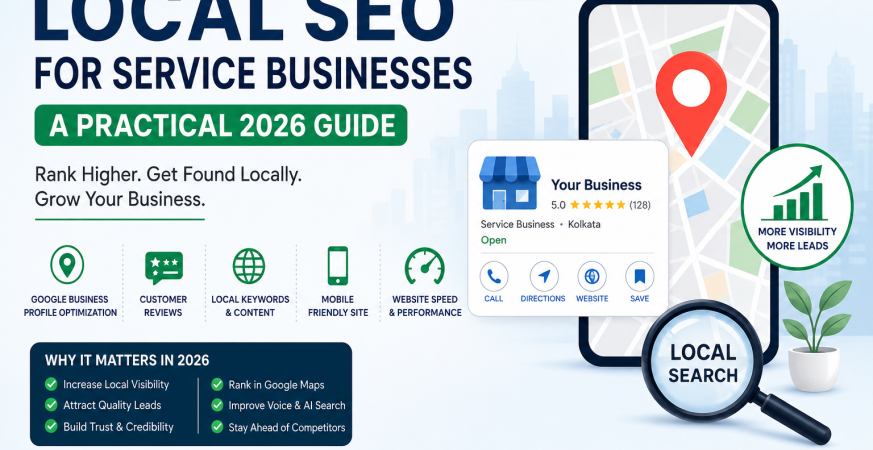 Local SEO infographic showing strategies for service businesses in 2026, including Google Business Profile optimization, local keywords, mobile-friendly website, customer reviews, and website performance to improve local search visibility.